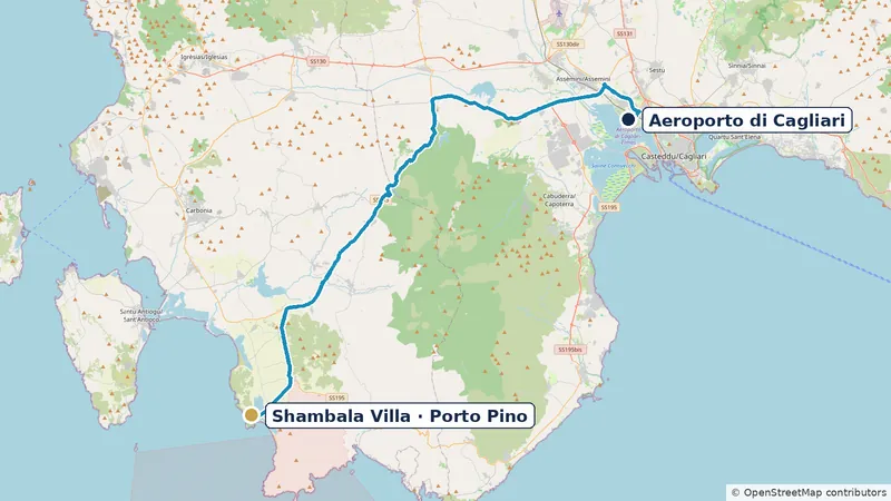Routenkarte vom Flughafen Cagliari zur Shambala Villa, Porto Pino